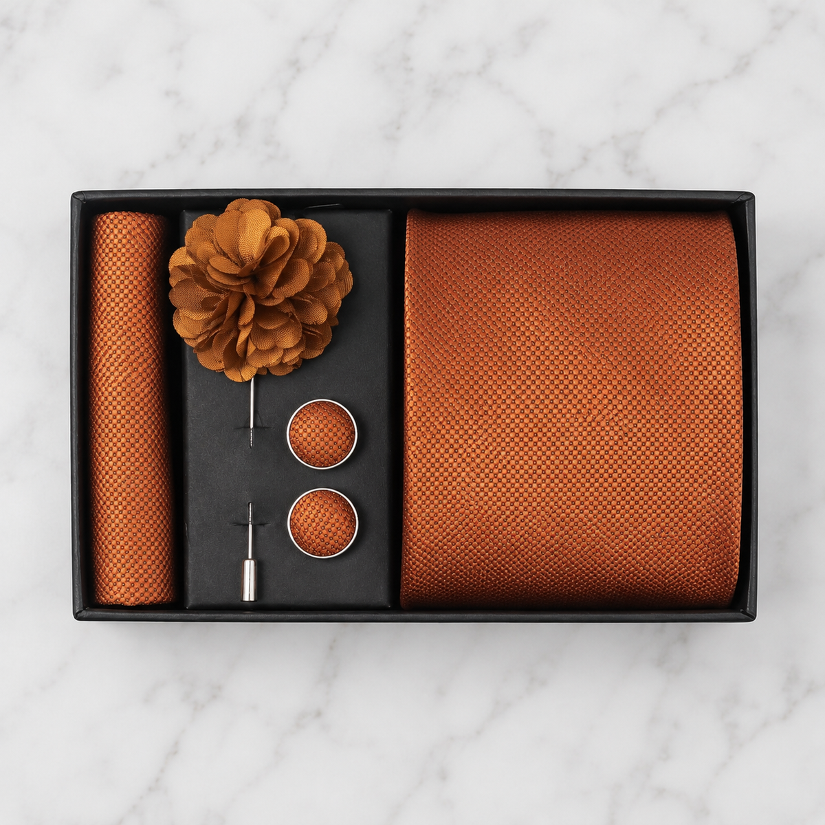 Copper Brown Textured Silk Tie Set / 4-Piece