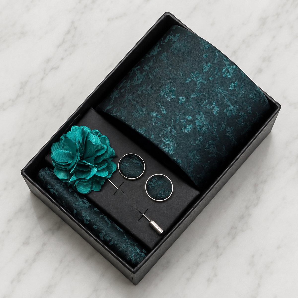Teal Botanical Silk Tie Set / 4-Piece