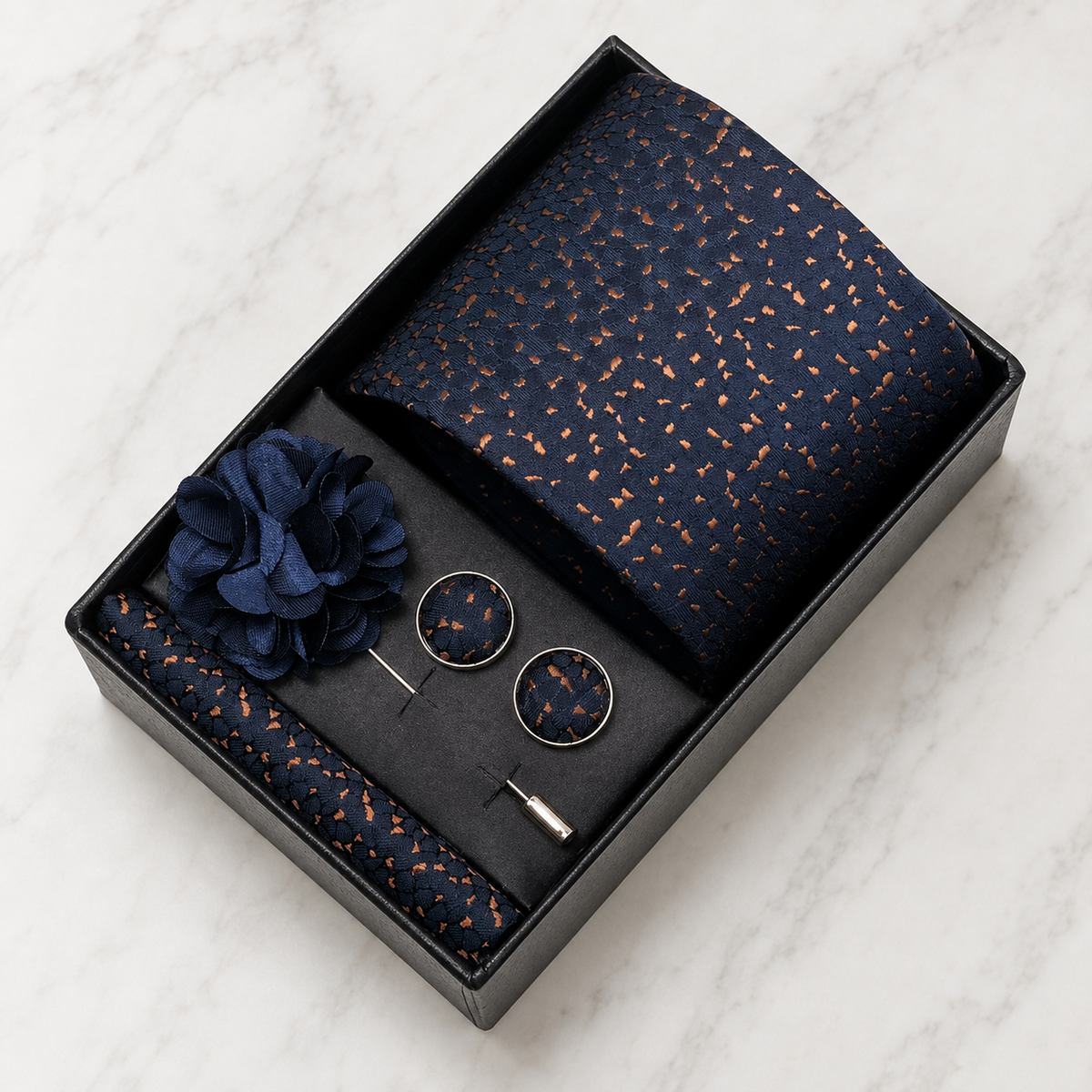Navy & Copper Speckled Silk Tie Set / 4-Piece