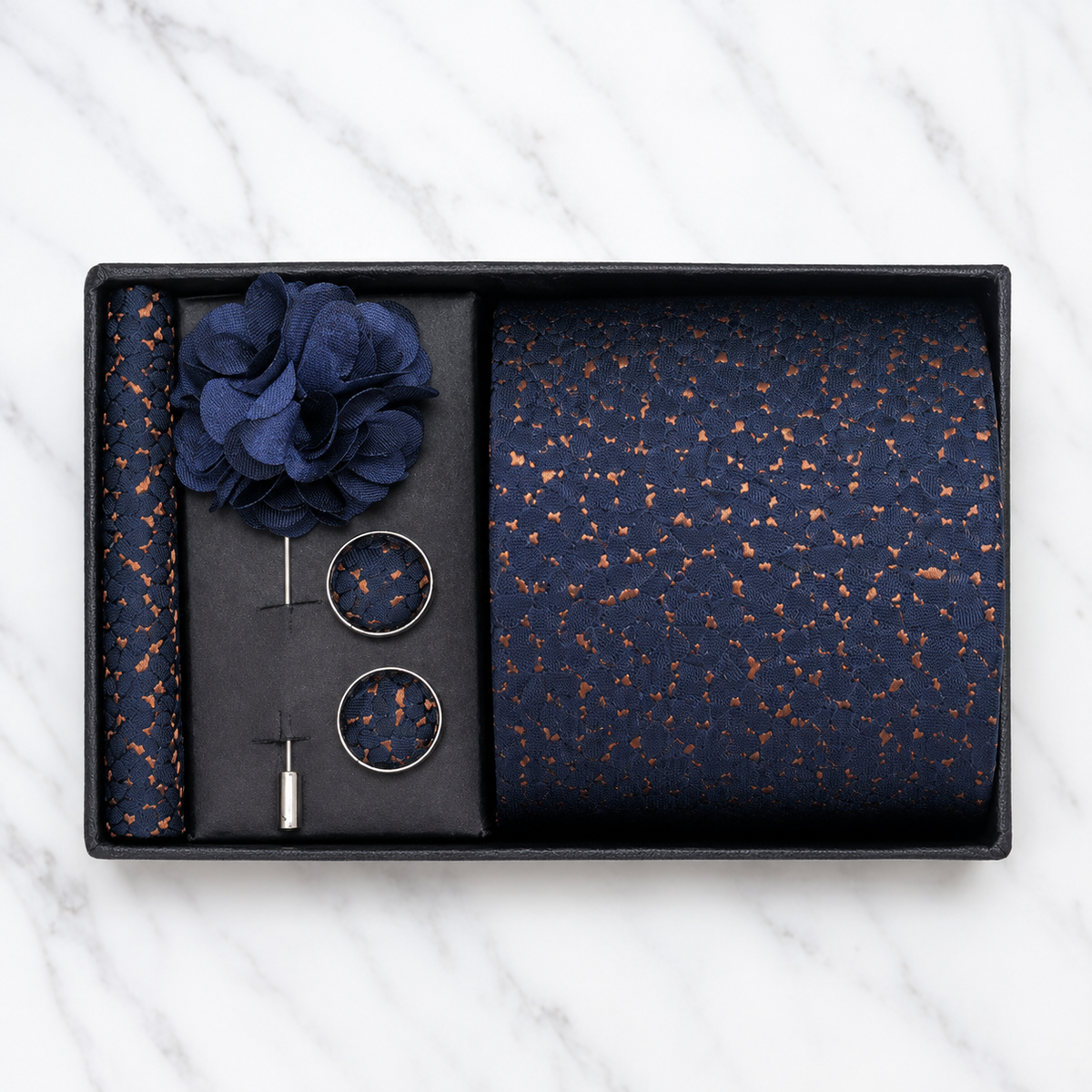 Navy & Copper Speckled Silk Tie Set / 4-Piece