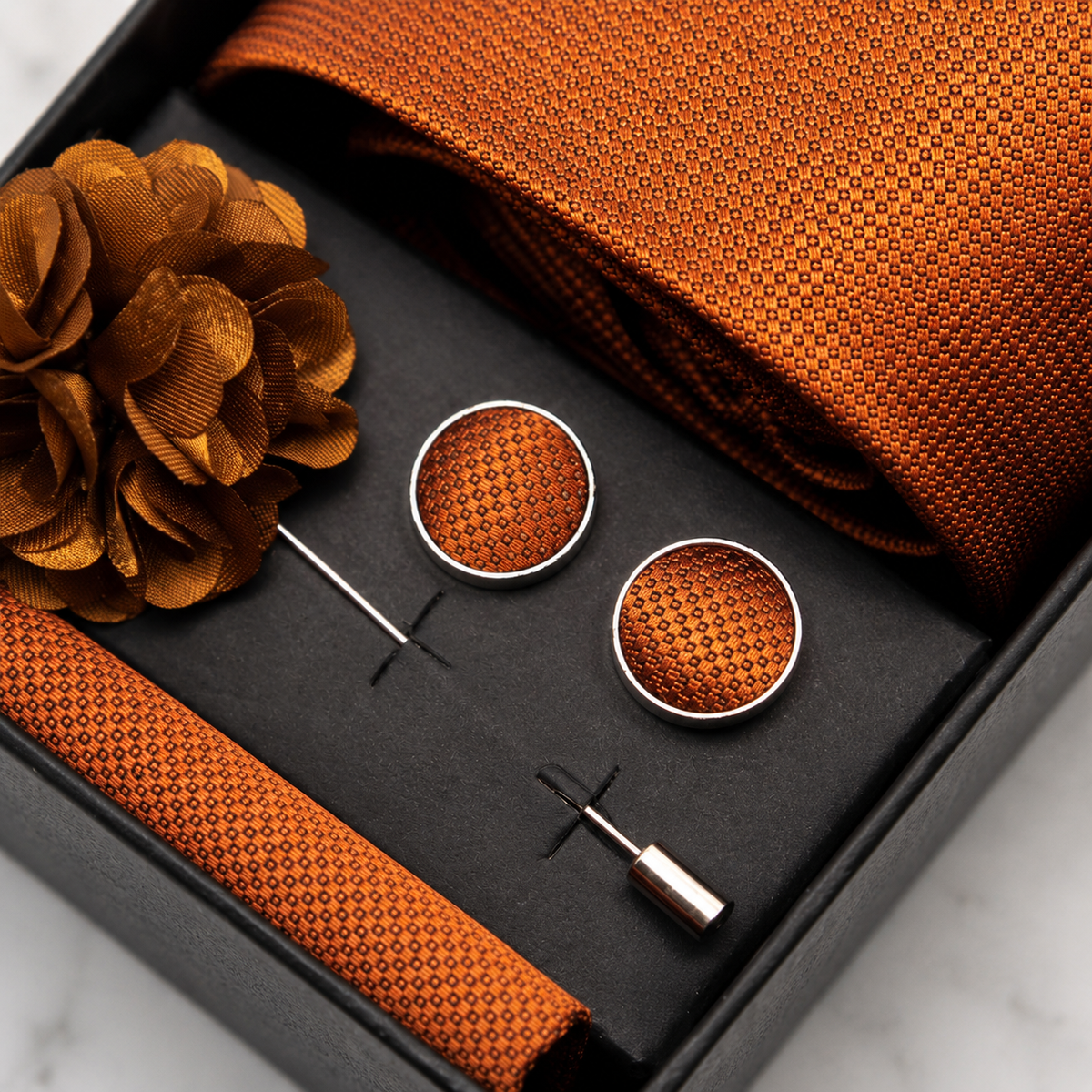 Copper Brown Textured Silk Tie Set / 4-Piece