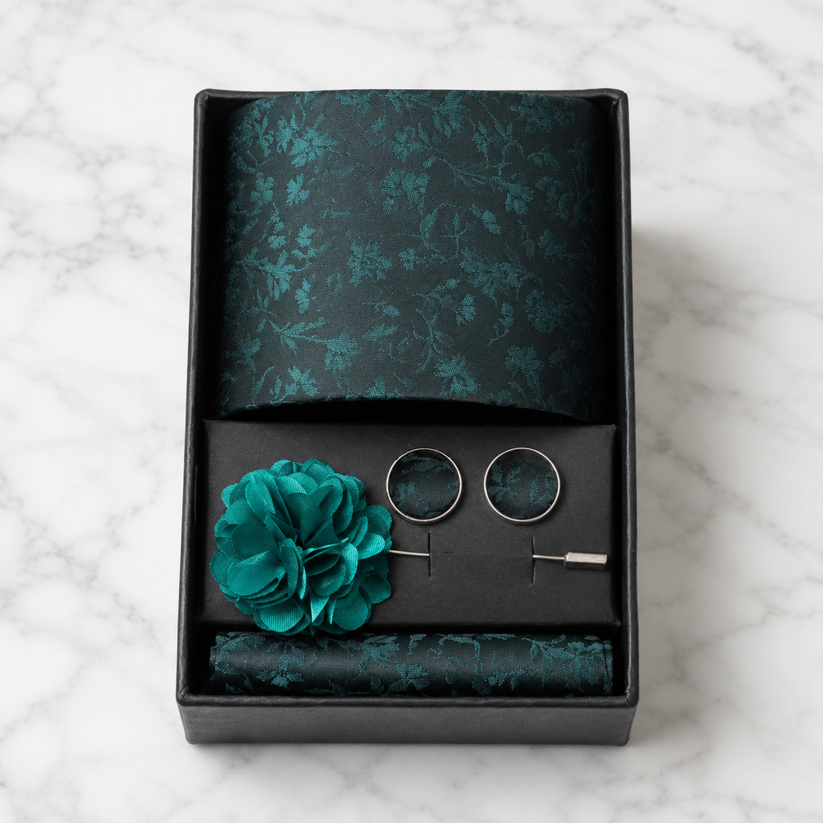 Teal Botanical Silk Tie Set / 4-Piece