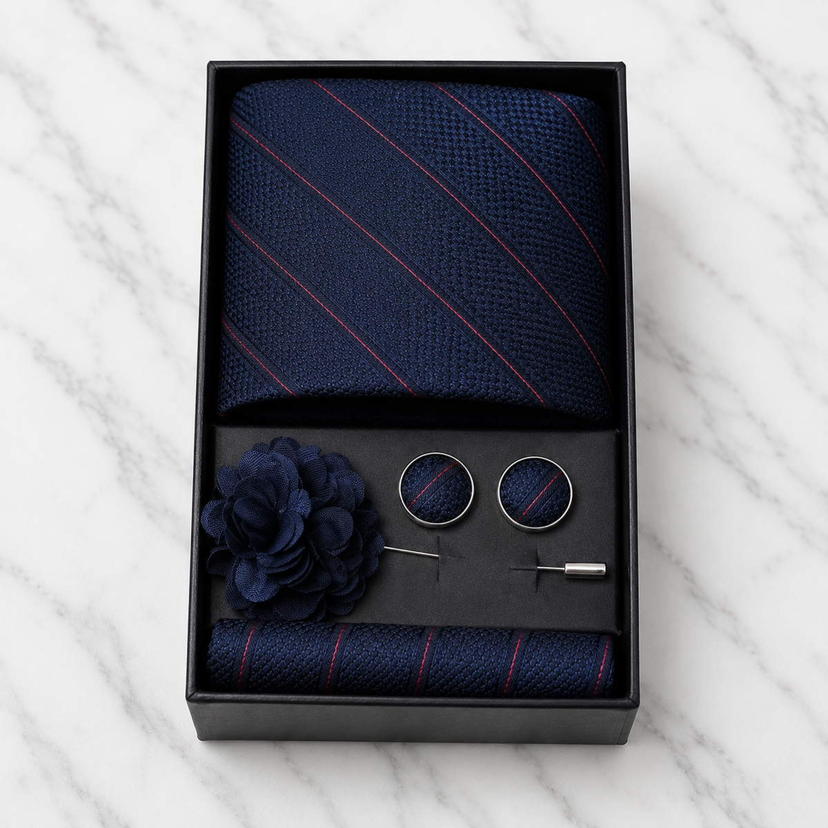 Navy & Red Striped Silk Tie Set / 4-Piece