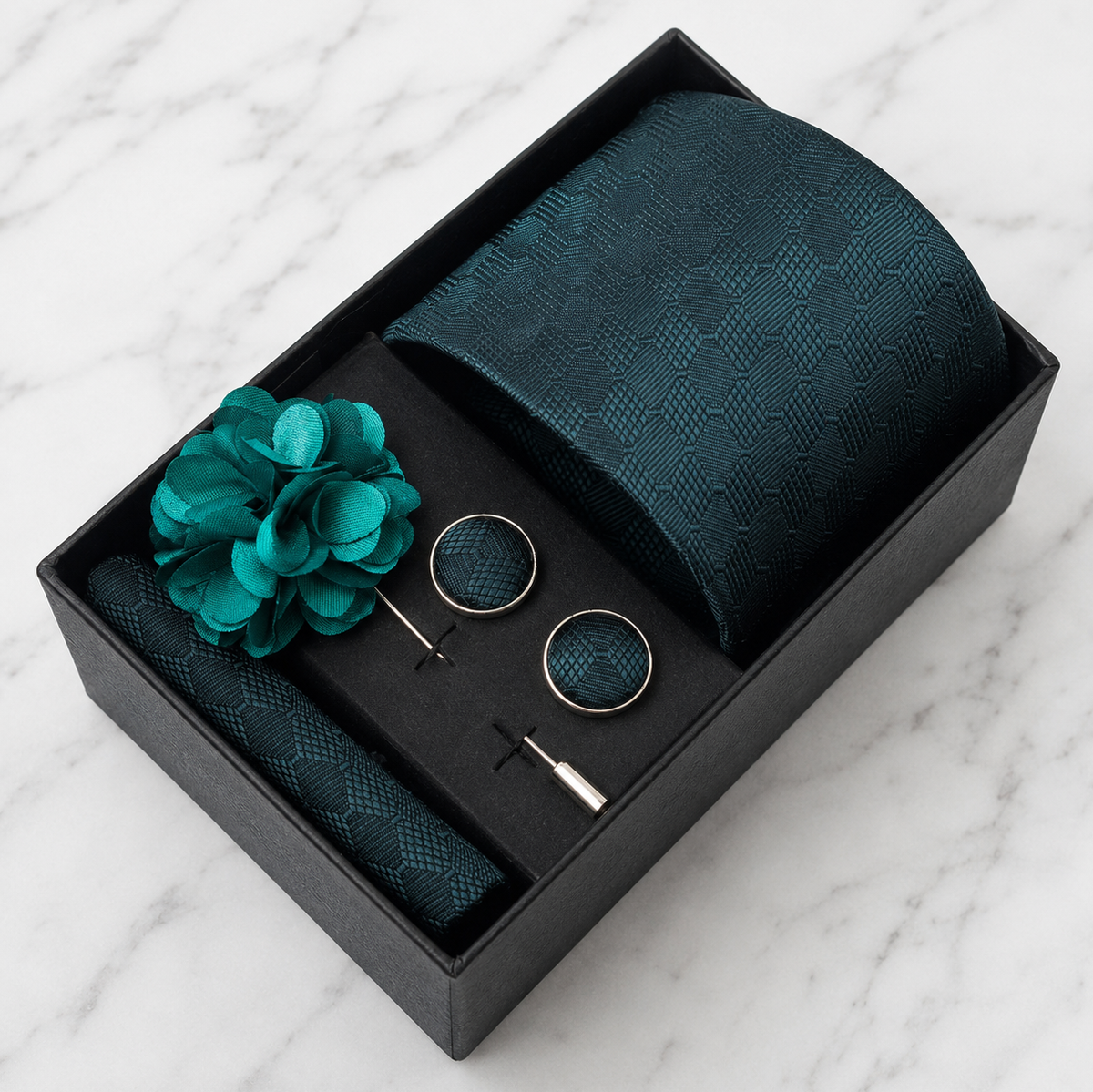 Deep Teal Tonal Diamond Geometric Silk Tie Set / 4-Piece