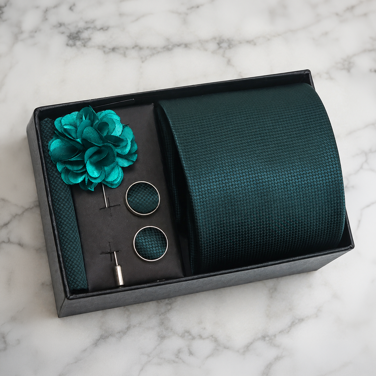 Deep Teal Textured Silk Tie Set / 4-Piece