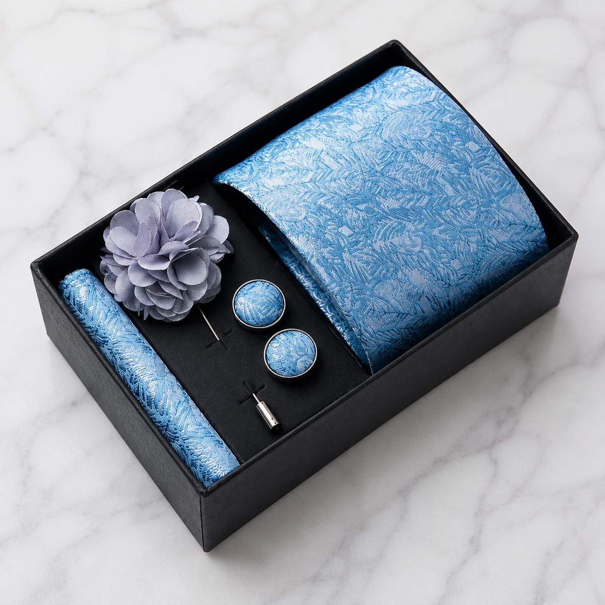 Ice Blue Botanical Silk Tie Set / 4-Piece