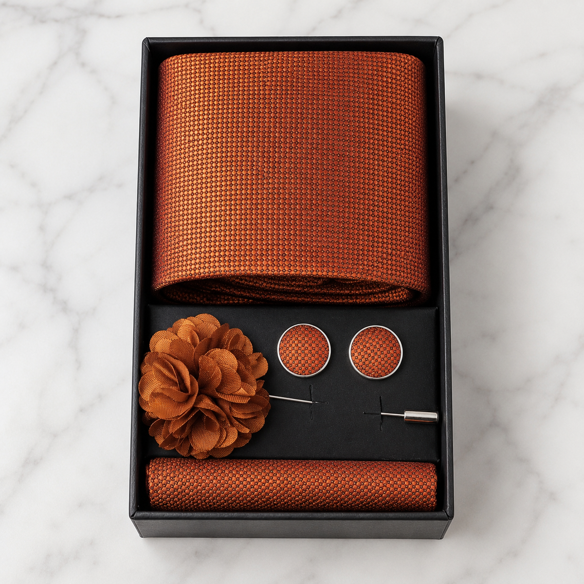 Copper Brown Textured Silk Tie Set / 4-Piece