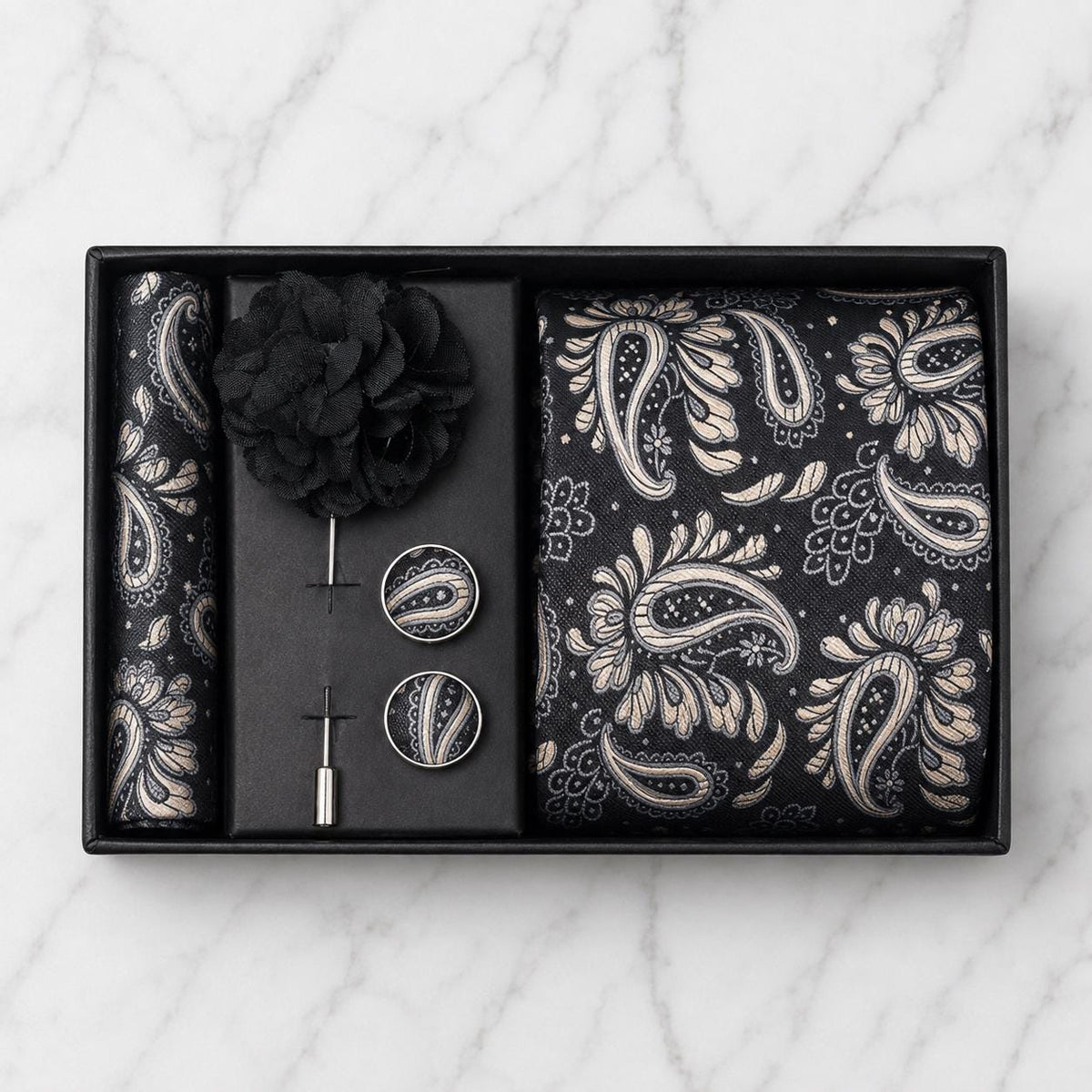 Black, Silver Grey & Champagne Paisley Silk Tie Set / 4-Piece
