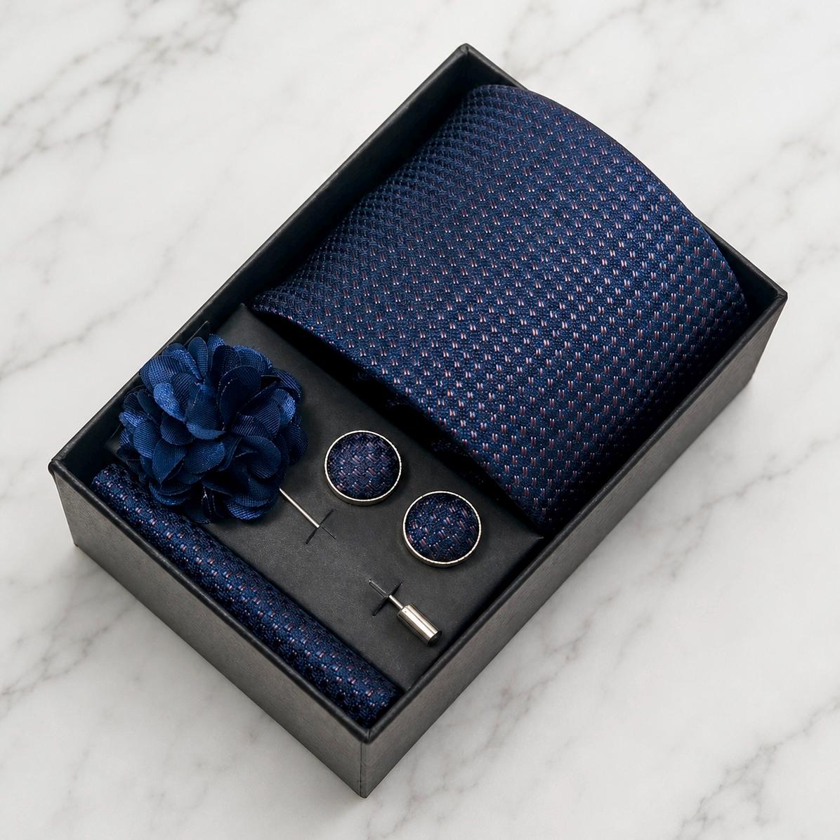 Navy Blue & Micro Burgundy Pattern Silk Tie Set / 4-Piece