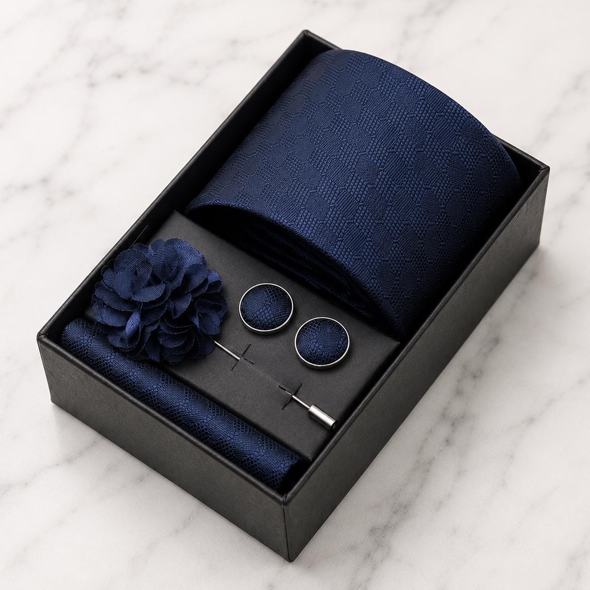 Navy Blue Tonal Diamond Silk Tie Set / 4-Piece