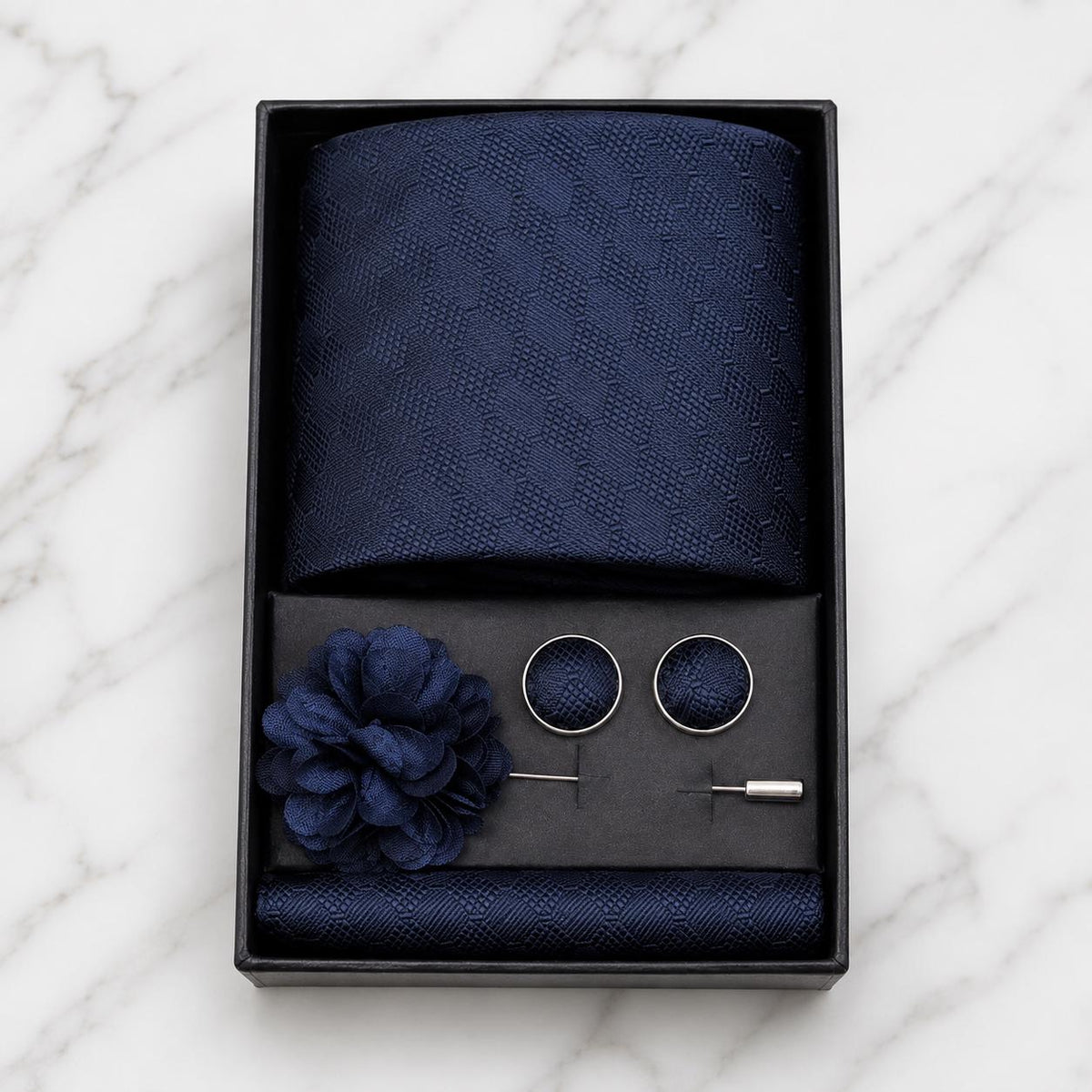 Navy Blue Tonal Diamond Silk Tie Set / 4-Piece