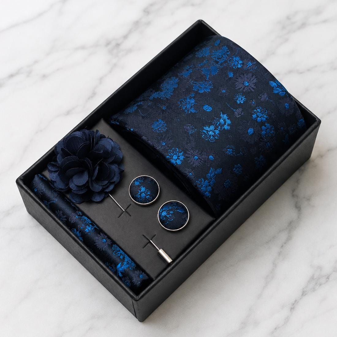 Lustrous Navy Blue & Royal Blue Floral Silk Tie Set / 4-Piece