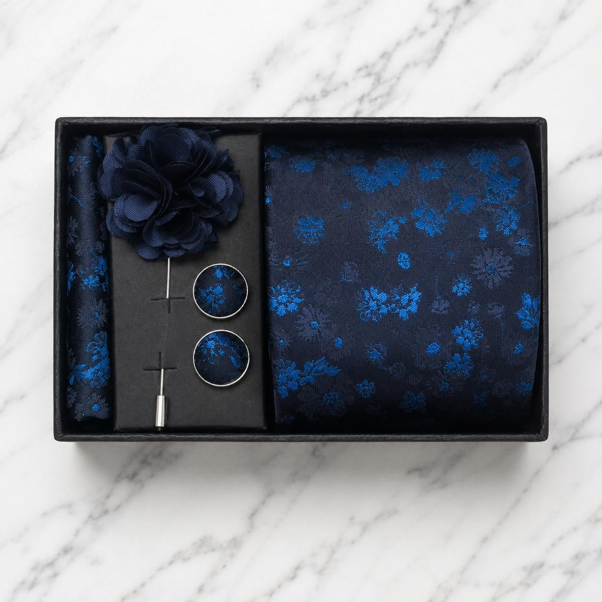 Lustrous Navy Blue & Royal Blue Floral Silk Tie Set / 4-Piece