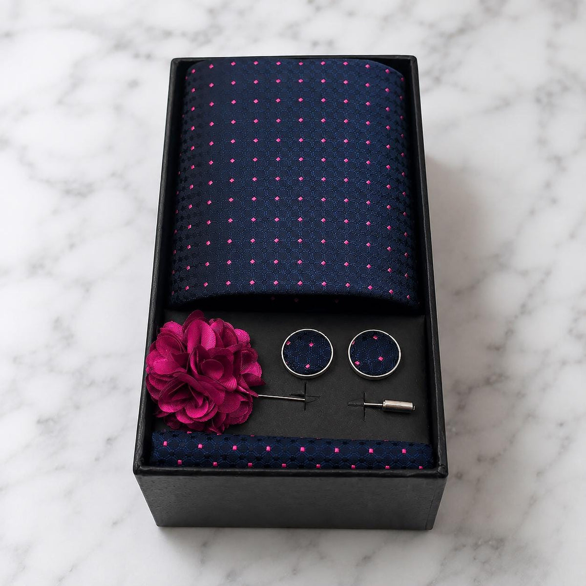 Navy Blue Tonal Geometric & Fuchsia Polka Dot Silk Tie Set / 4-Piece