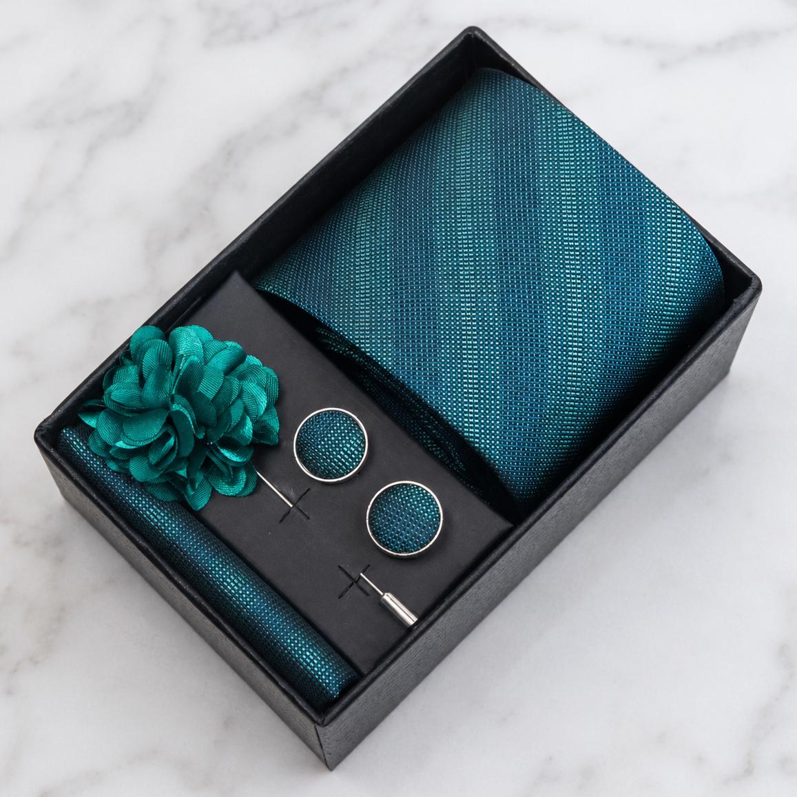 Teal Textured Stripe Silk Tie Set / 4-Piece