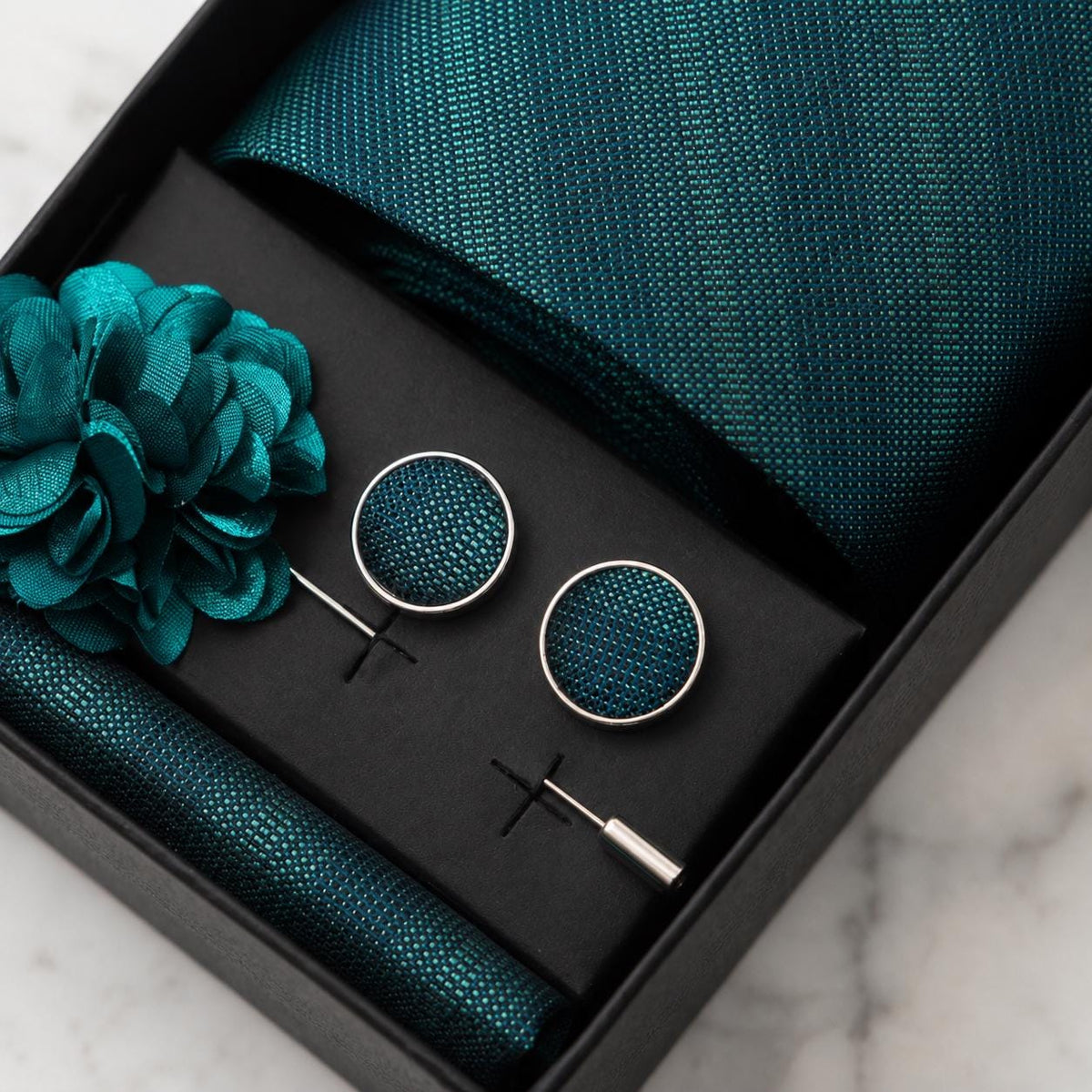 Teal Textured Stripe Silk Tie Set / 4-Piece