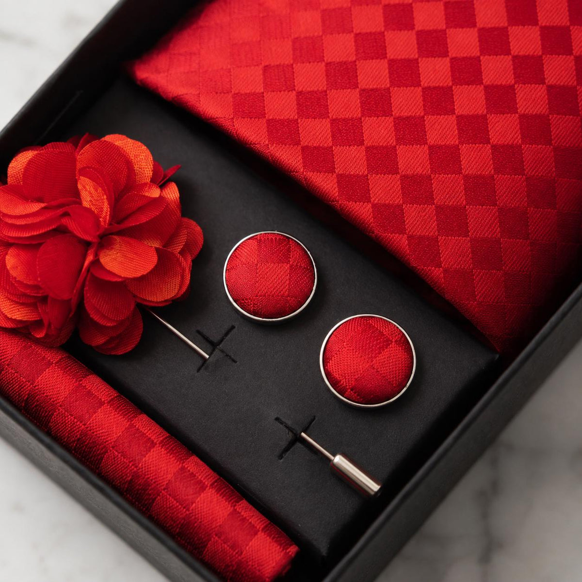 Red Tonal Check Silk Tie Set / 4-Piece