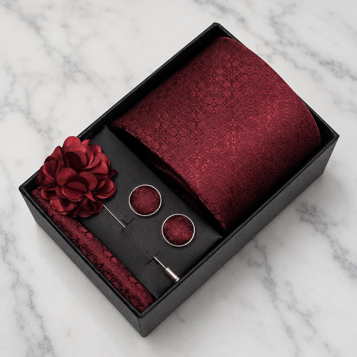 Burgundy Tonal Abstract Jacquard Tie Set / 4-Piece