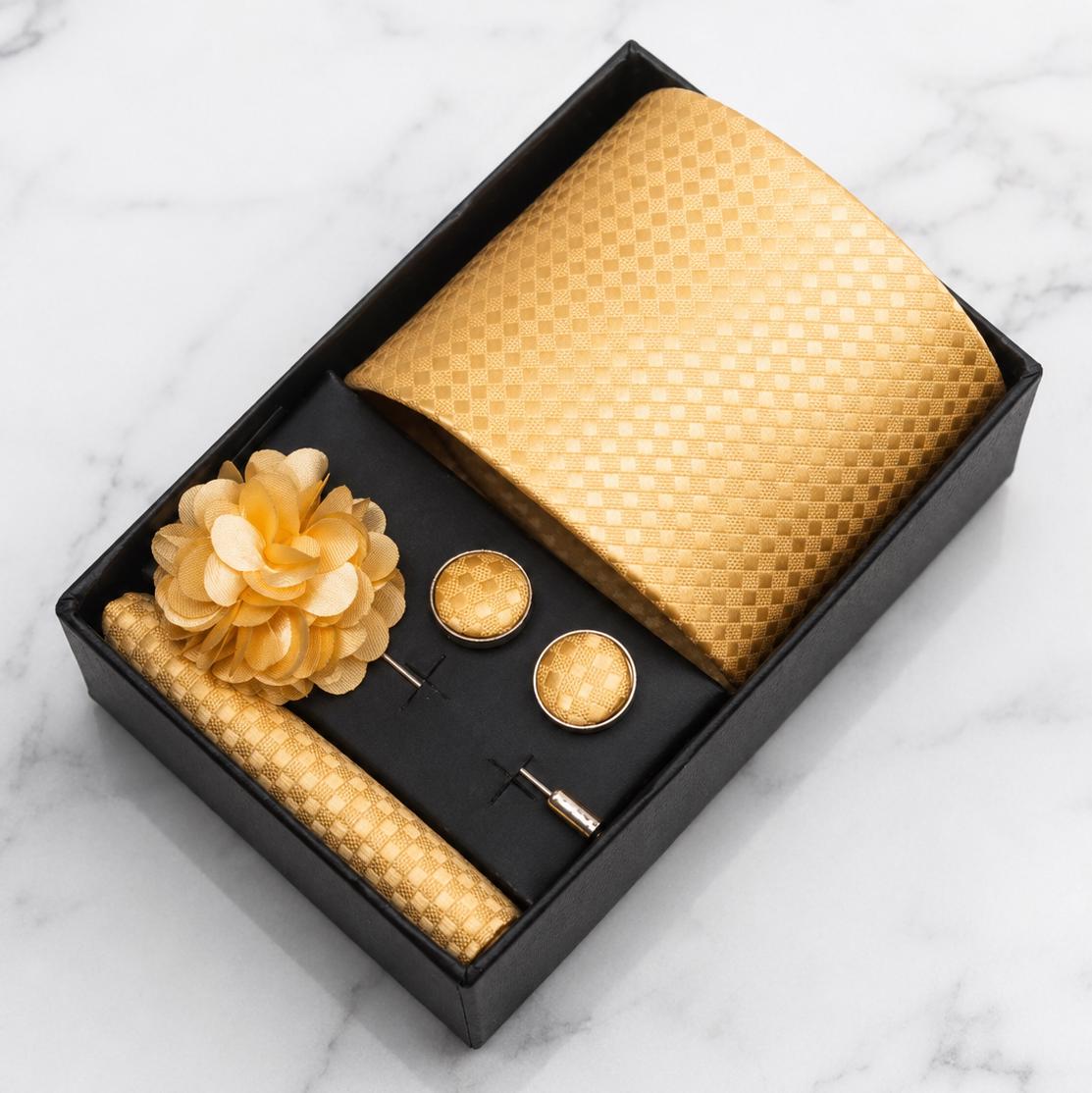 Champagne Gold Tonal Check Tie Set / 4-Piece