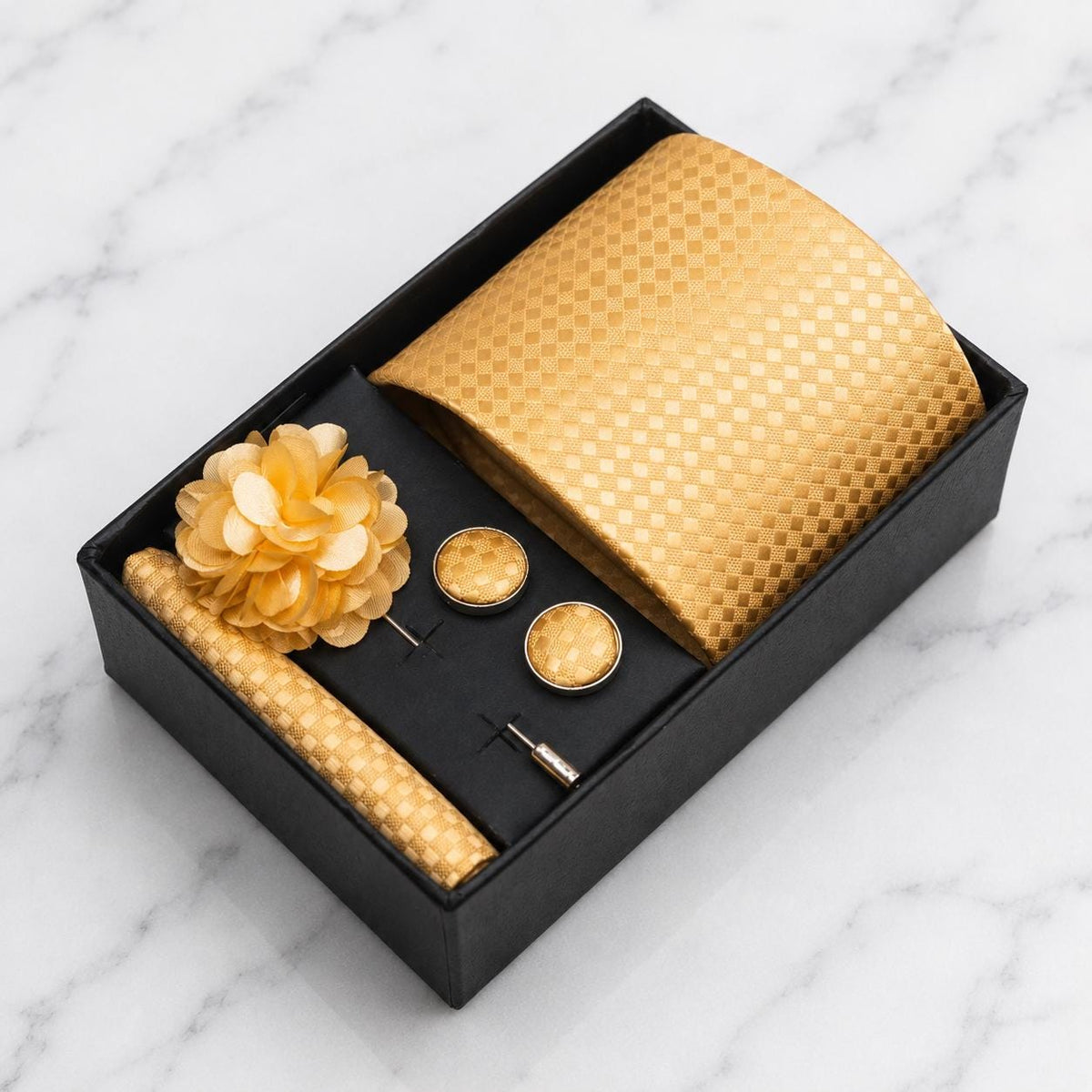 Champagne Gold Tonal Check Tie Set / 4-Piece