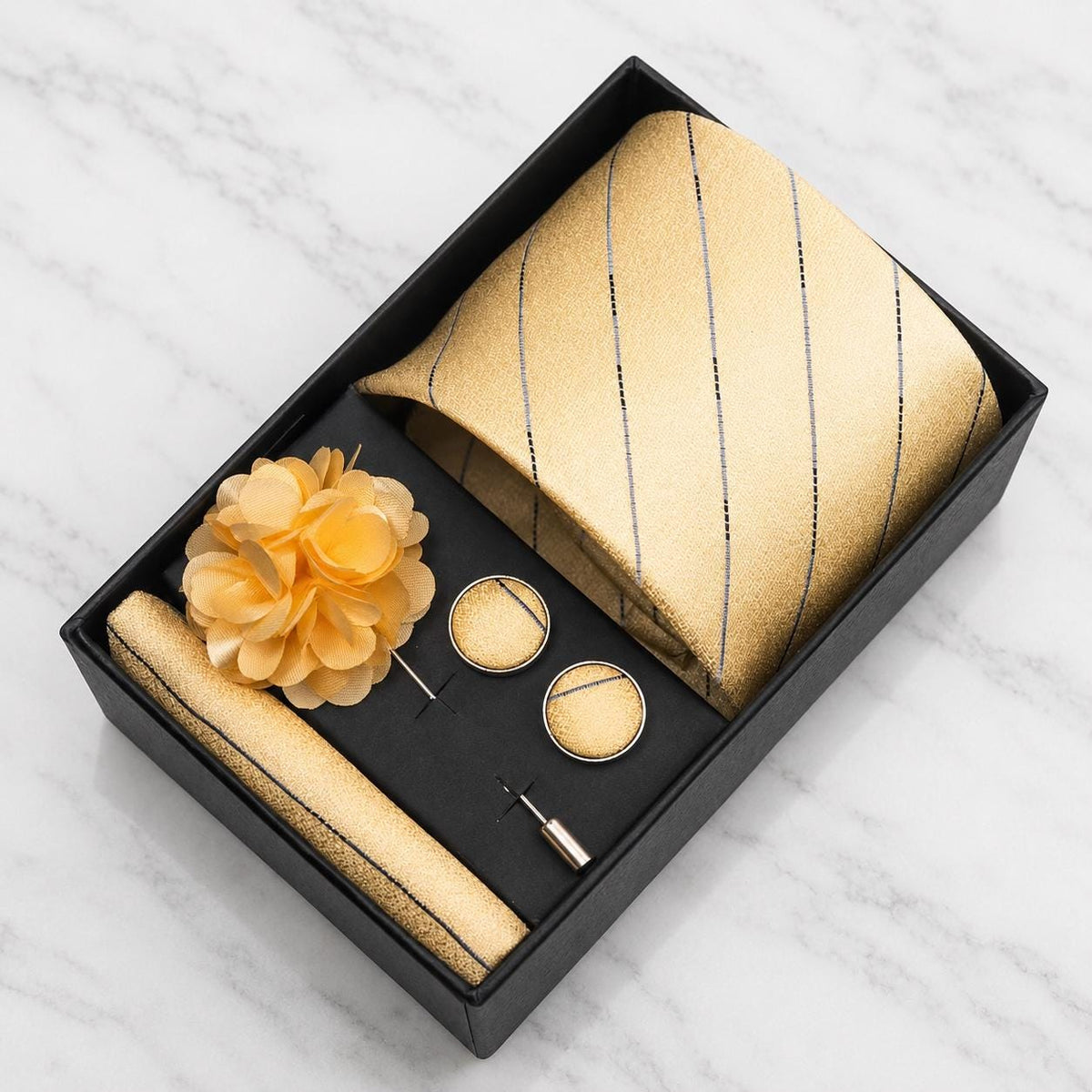 Champagne Gold & Navy Pinstripe Tie Set / 4-Piece