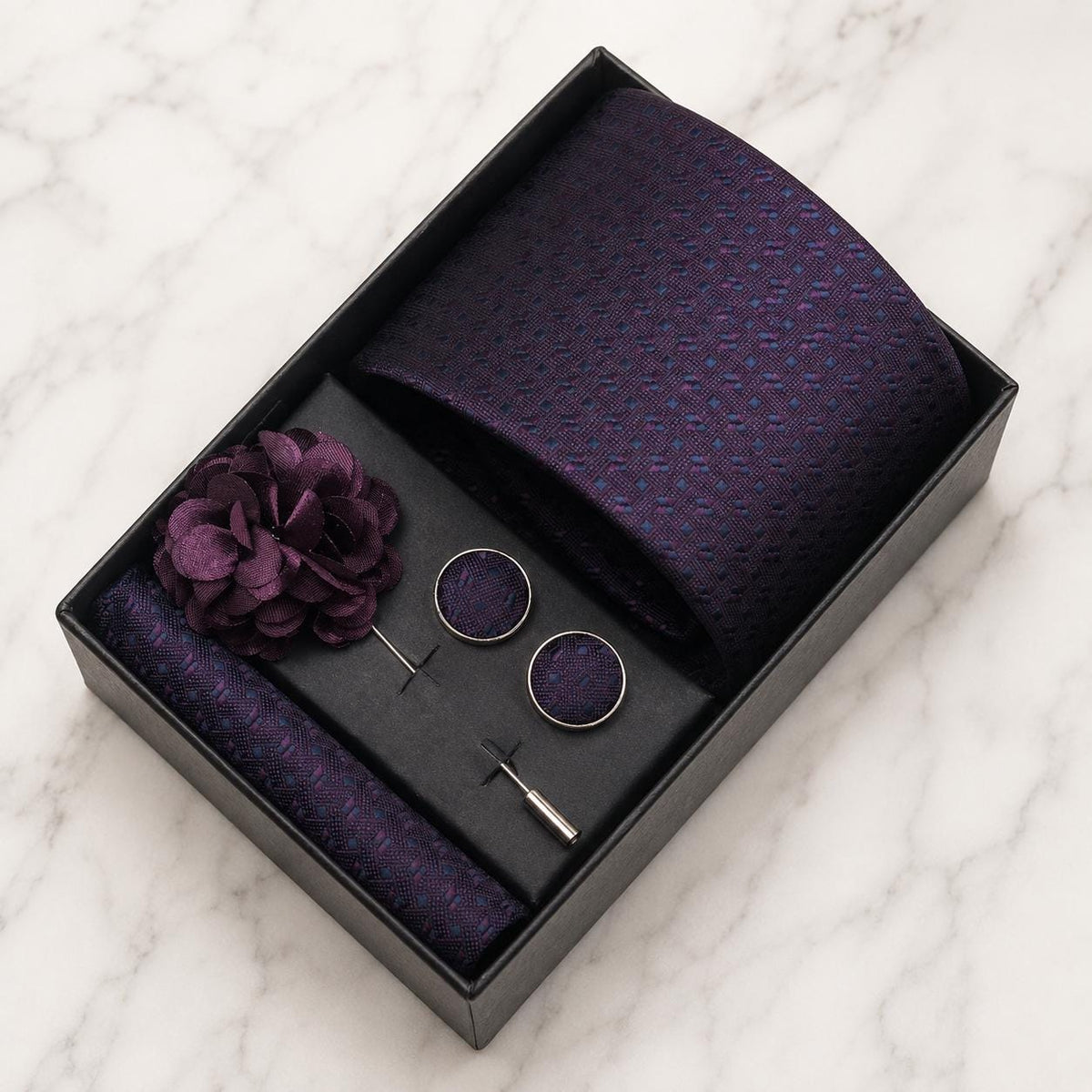 Deep Plum Geometric Micro-Pattern Silk Tie Set / 4-Piece