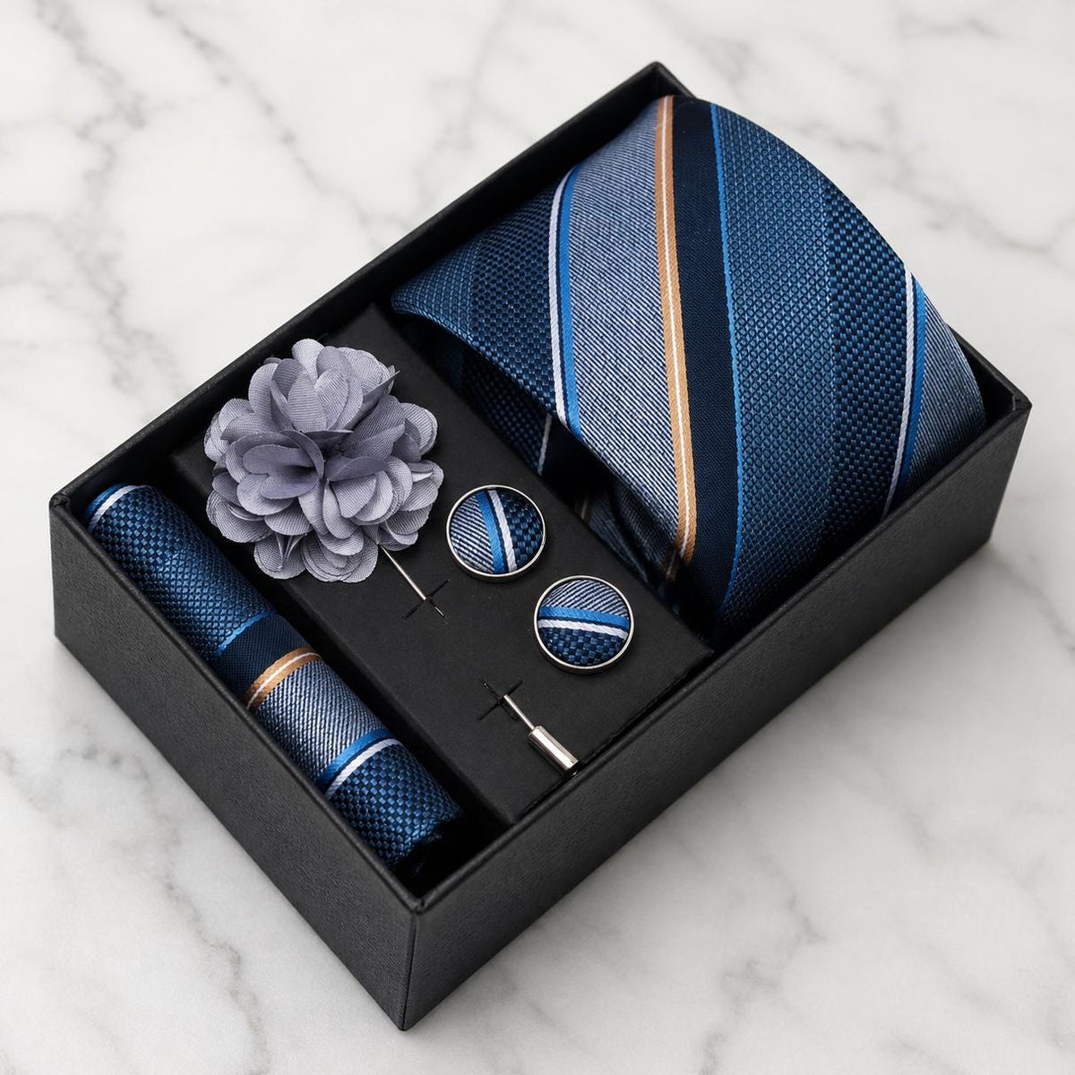 Navy Blue & Copper Striped Silk Tie Set / 4-Piece