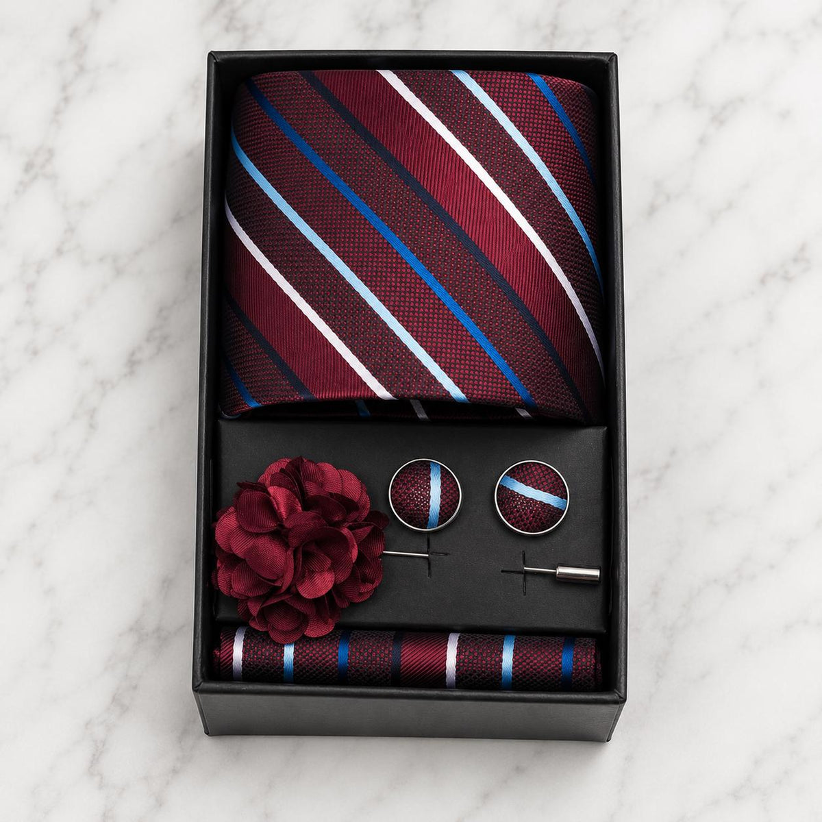 Burgundy, Navy & Light Blue Striped Silk Tie Set / 4-Piece