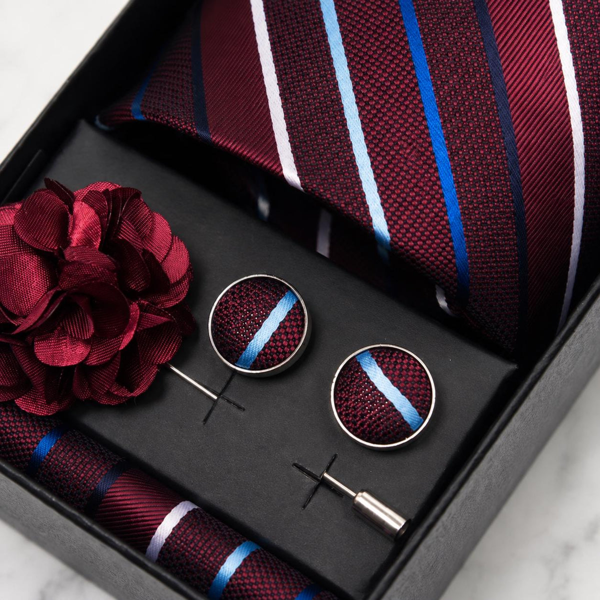 Burgundy, Navy & Light Blue Striped Silk Tie Set / 4-Piece