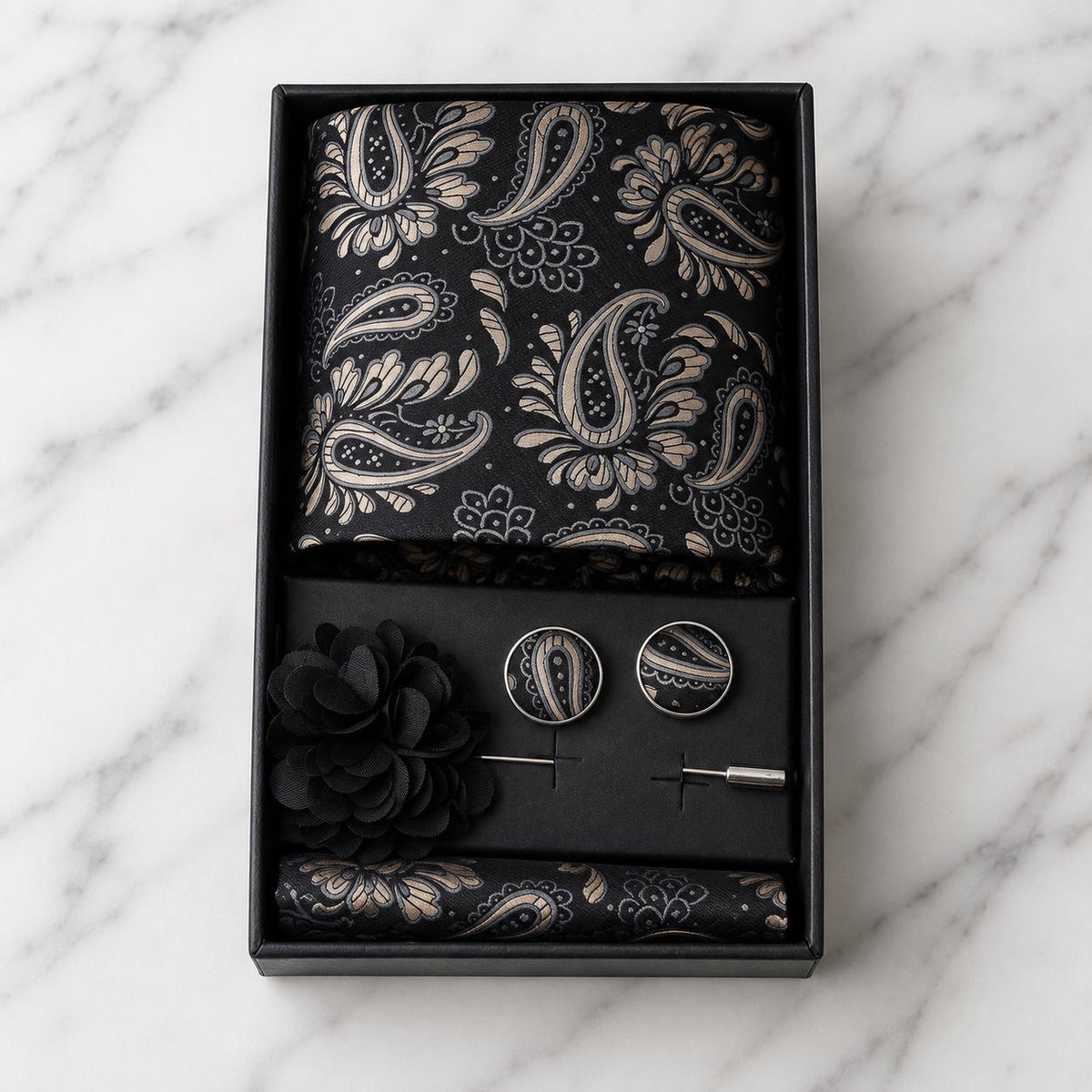 Black, Silver Grey & Champagne Paisley Silk Tie Set / 4-Piece