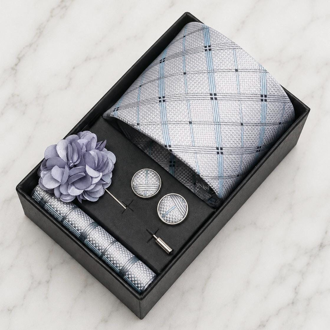 Silver Grey, Black & Pale Blue Plaid Silk Tie Set / 4-Piece