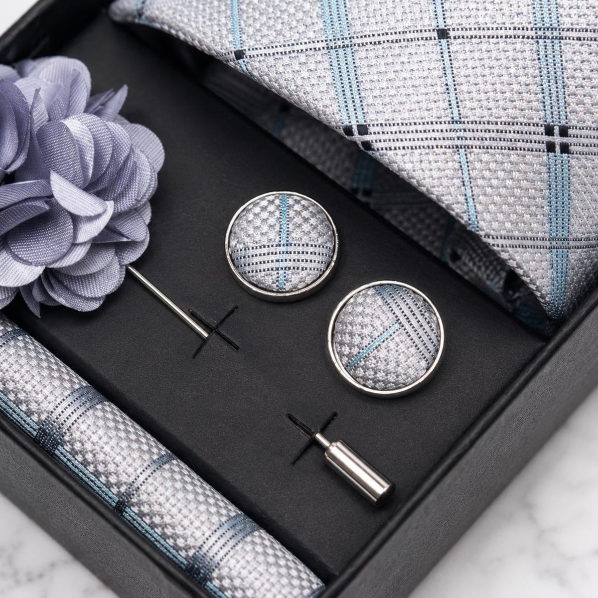Silver Grey, Black & Pale Blue Plaid Silk Tie Set / 4-Piece