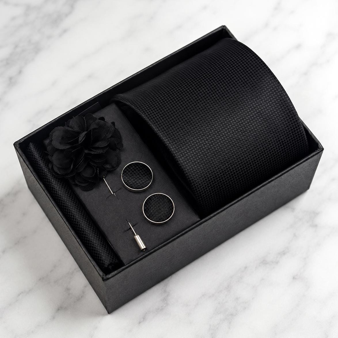 Black Textured Silk Tie Set / 4-Piece