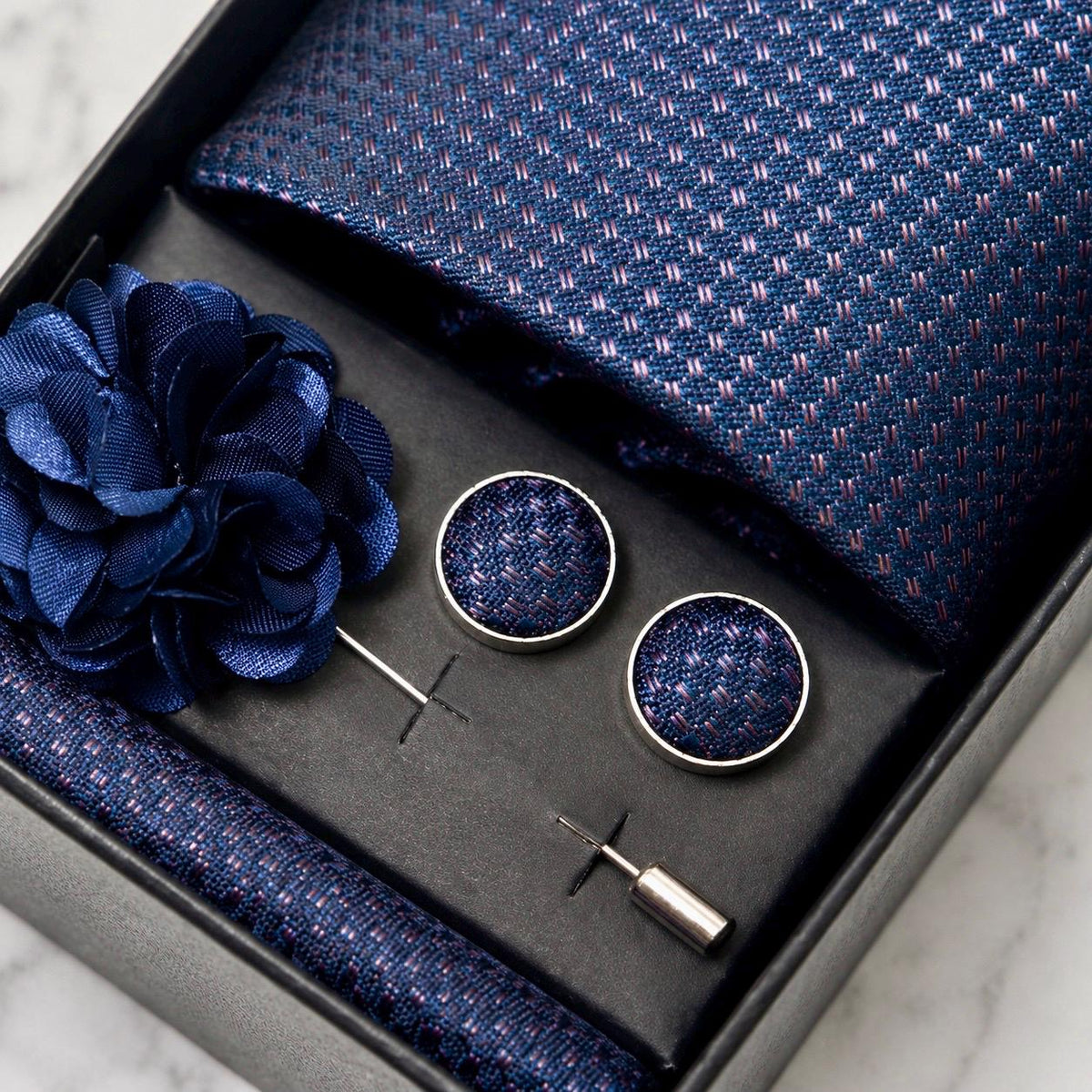 Navy Blue & Micro Burgundy Pattern Silk Tie Set / 4-Piece