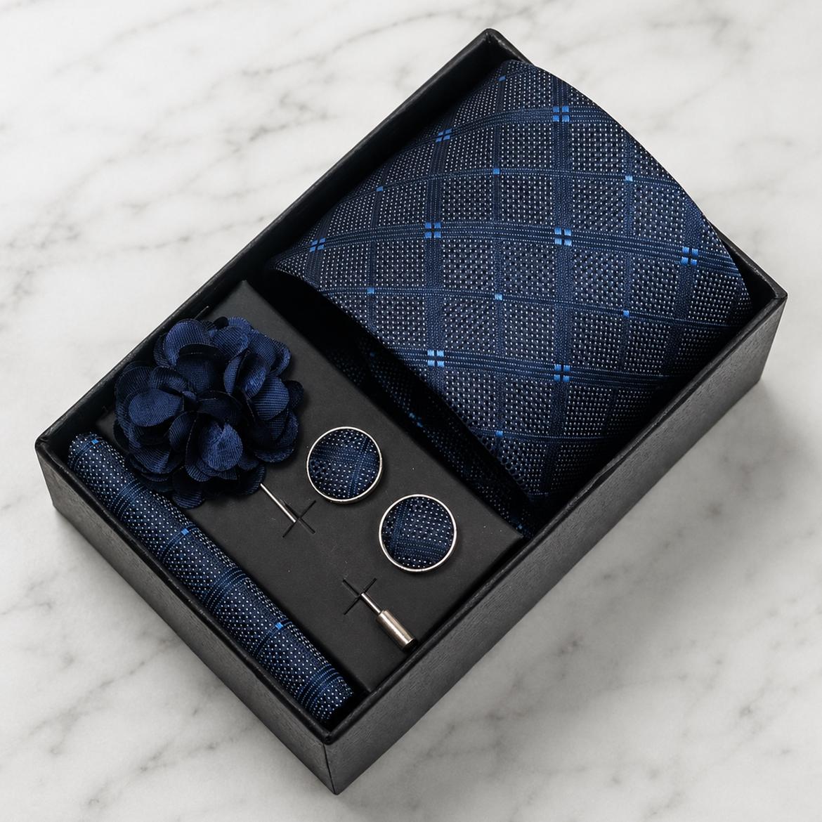 Navy Blue Plaid Silk Tie Set with Light Blue Detailing / 4-Piece