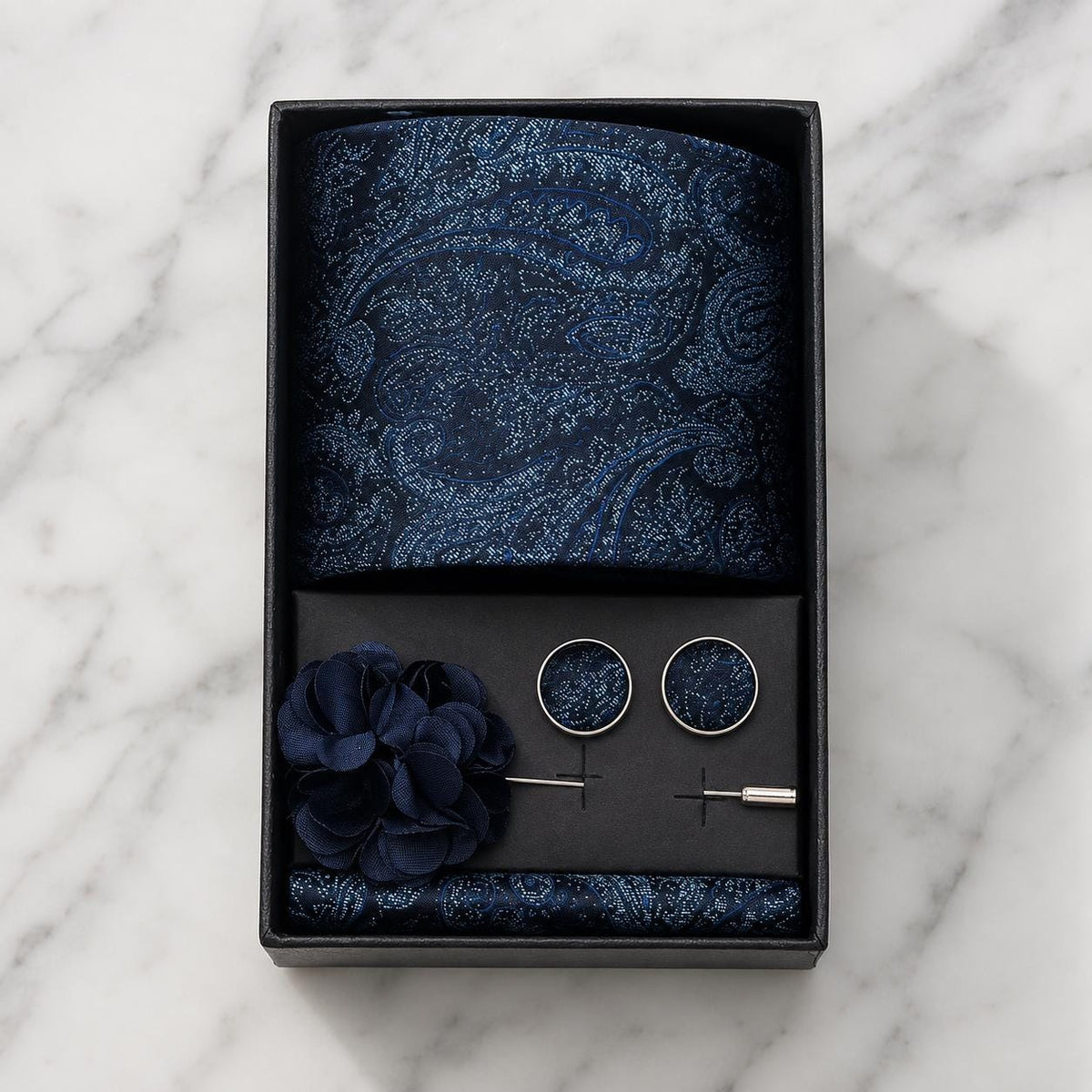 Intricate Navy Blue Tonal Paisley Silk Tie Set / 4-Piece