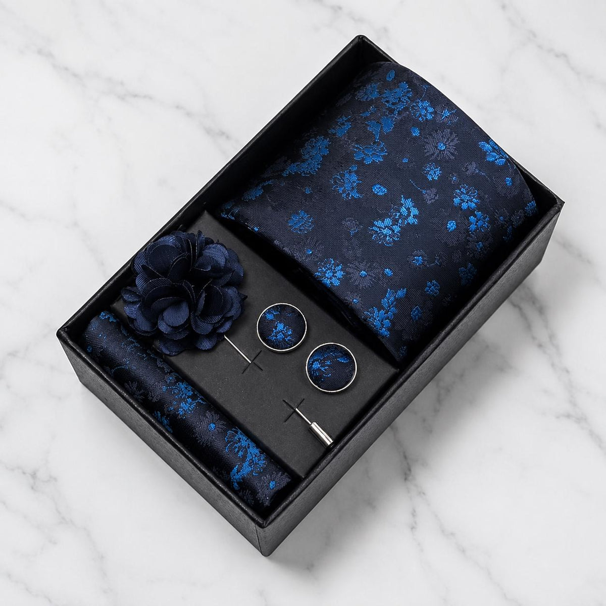 Lustrous Navy Blue & Royal Blue Floral Silk Tie Set / 4-Piece