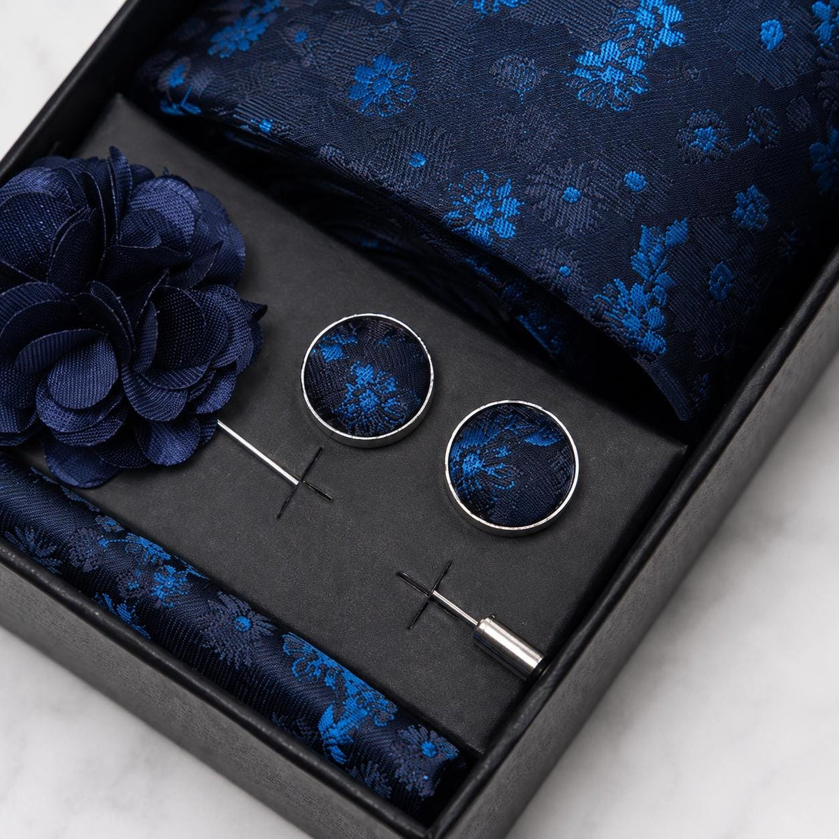Lustrous Navy Blue & Royal Blue Floral Silk Tie Set / 4-Piece