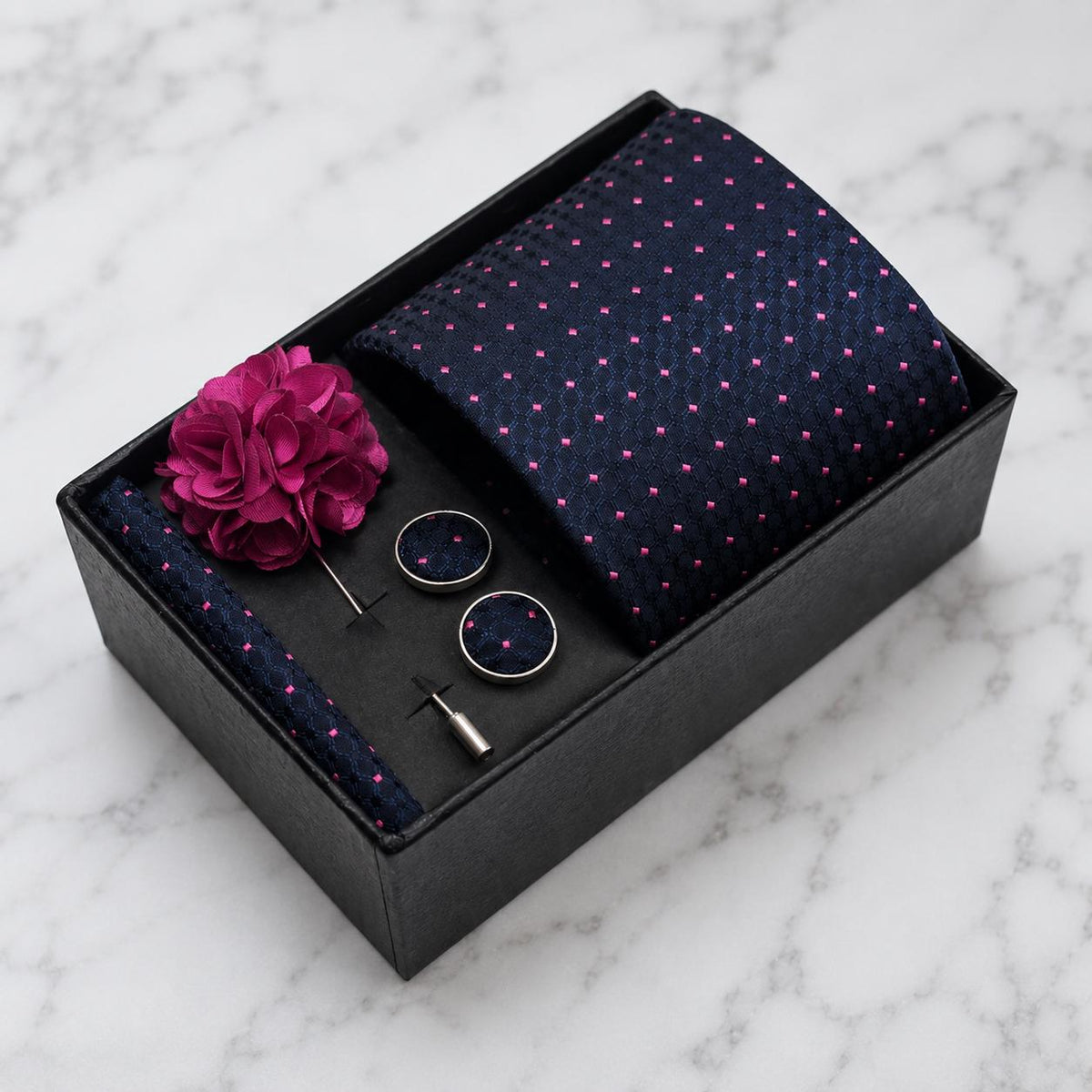 Navy Blue Tonal Geometric & Fuchsia Polka Dot Silk Tie Set / 4-Piece