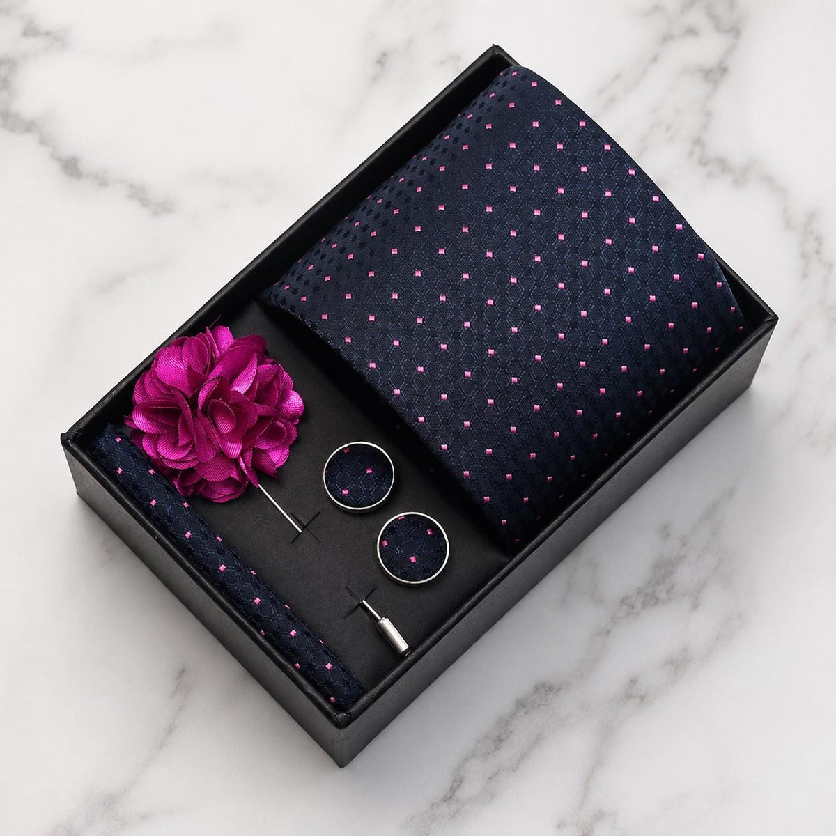 Navy Blue Tonal Geometric & Fuchsia Polka Dot Silk Tie Set / 4-Piece