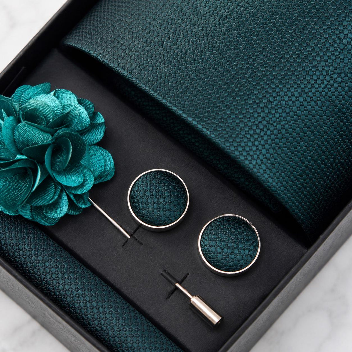 Deep Teal Textured Silk Tie Set / 4-Piece
