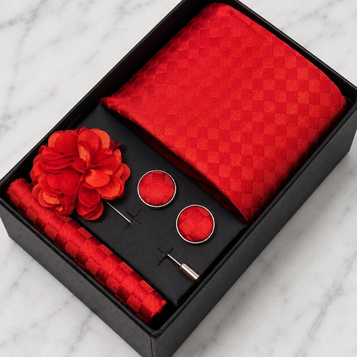 Red Tonal Check Silk Tie Set / 4-Piece
