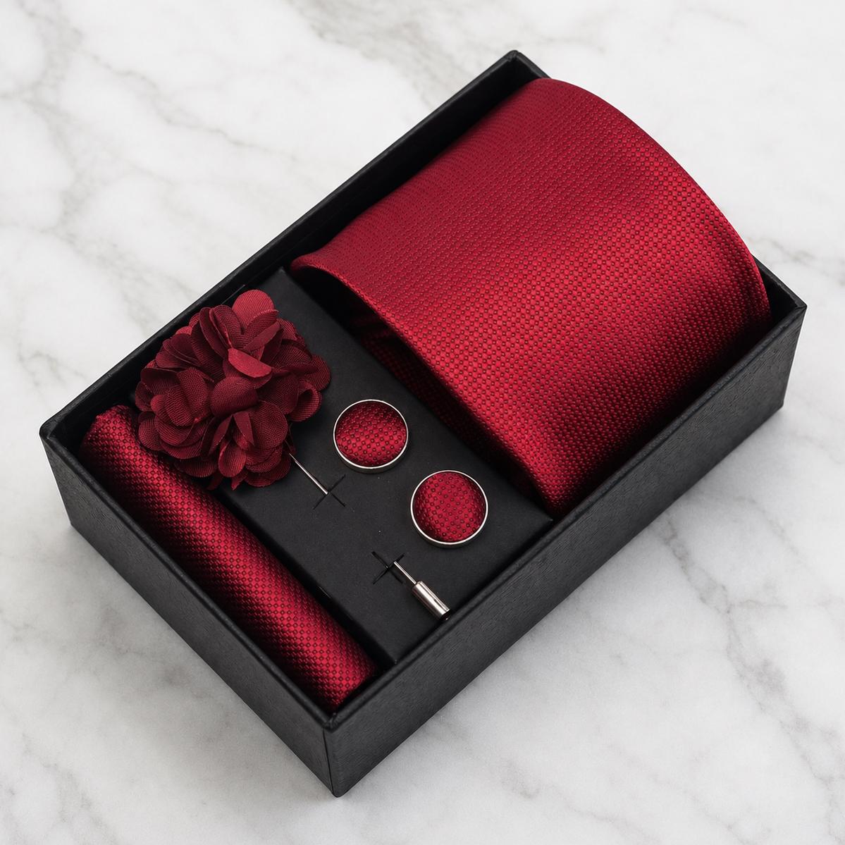 Burgundy Textured Silk Tie Set / 4-Piece