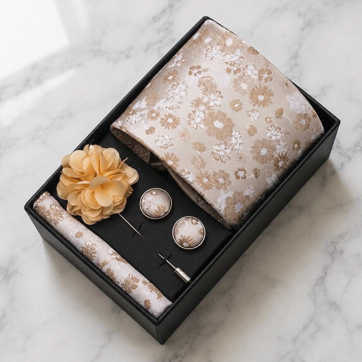 Ivory & Champagne Gold Floral Tie Set / 4-Piece
