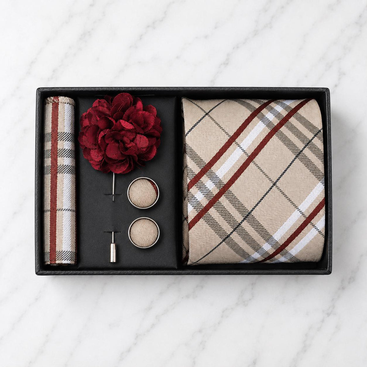 Ivory Plaid Tie Set with Burgundy, Black & White Detailing / 4-Piece