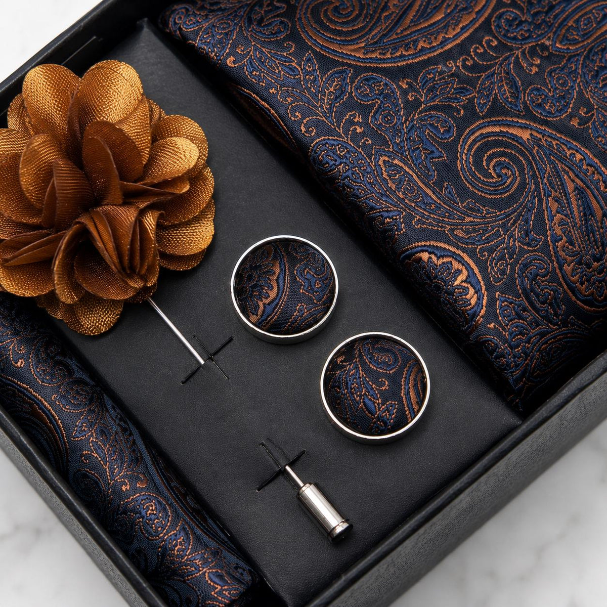 Navy Blue & Copper Brown Paisley Silk Tie Set / 4-Piece