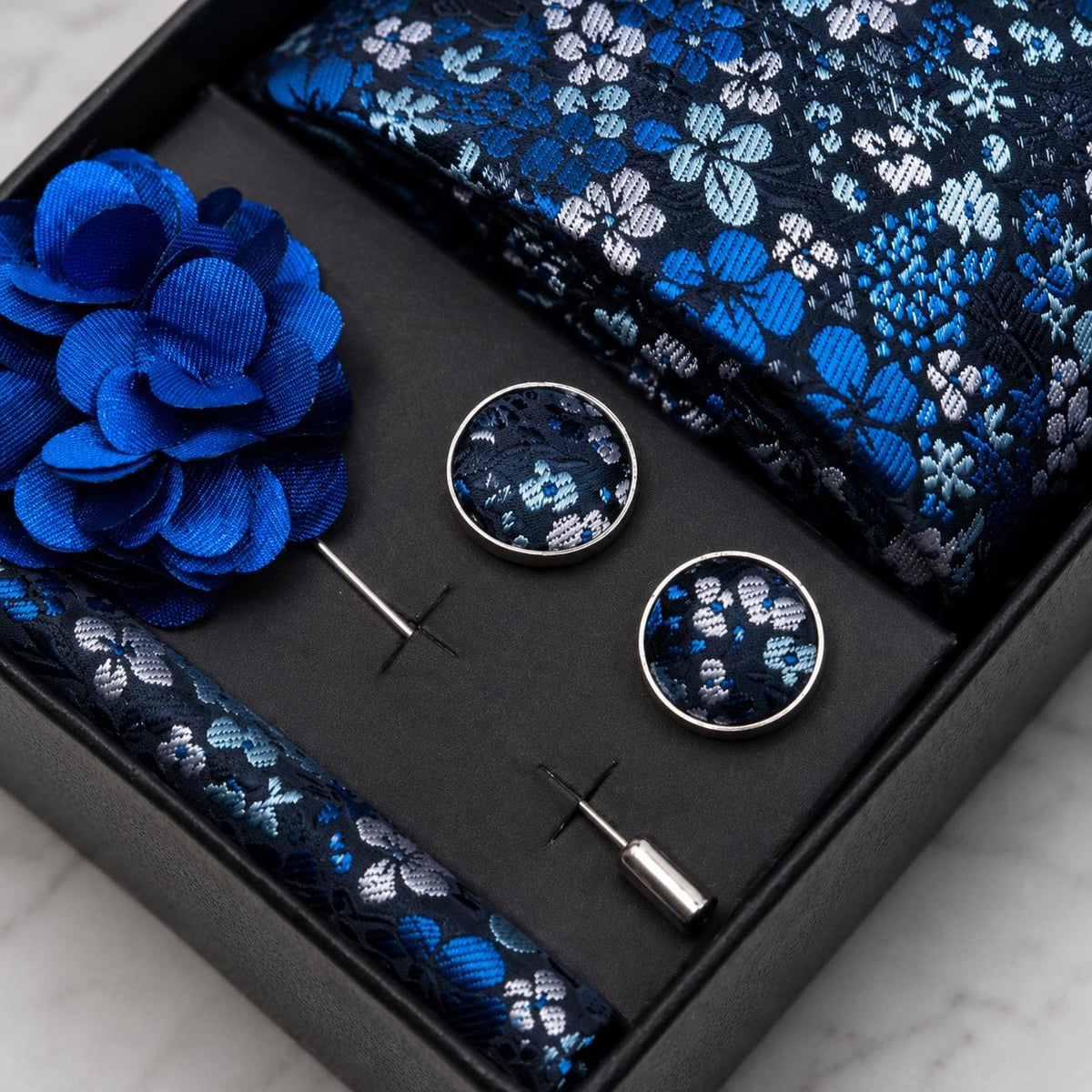 Shades of Blue & Silver Floral Silk Tie Set / 4-Piece