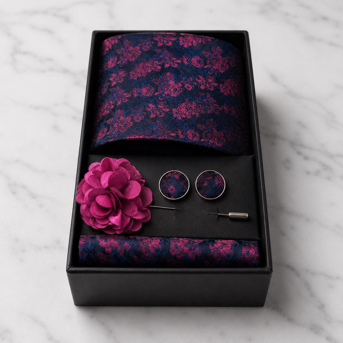 Navy Blue & Magenta Floral Silk Tie Set / 4-Piece