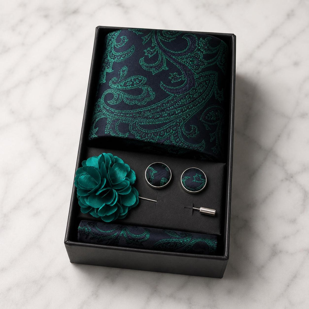 Navy Blue & Emerald Green Paisley Silk Tie Set / 4-Piece