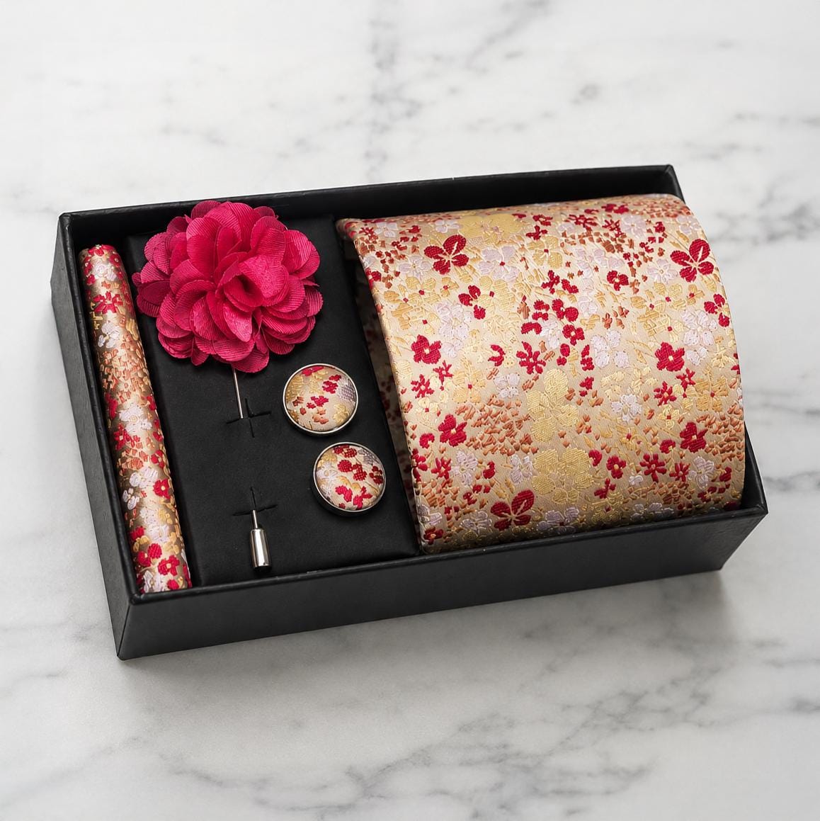 Champagne Gold, Red & Blush Floral Silk Tie Set / 4-Piece